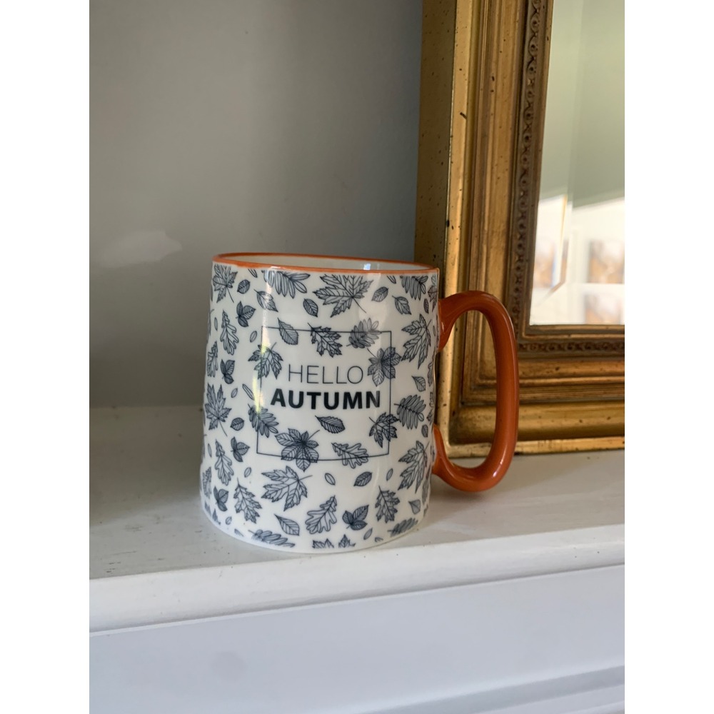 10 Strawberry Street Hello Autumn Coffee Mug Blue Leaf Print Orange Handle